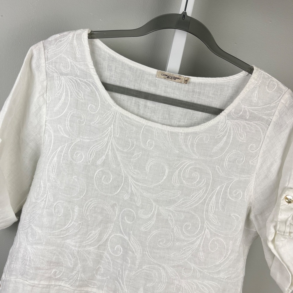 Lungo L'Arno 100% Linen Top Womens S White Embroidered Relaxed Boxy Lagenlook